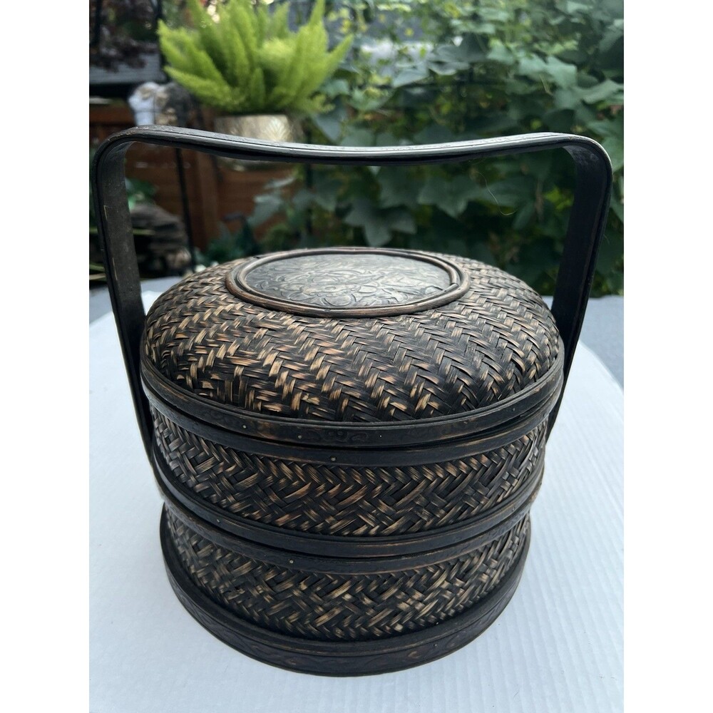1900 Chinese 2-Tier Woven Bamboo Wedding Basket Metal Floral Medallion